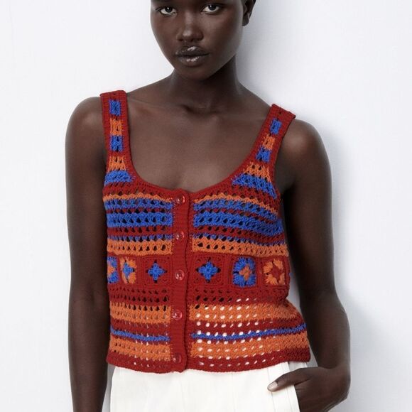 Zara Strappy Crochet Top Vest Cardigan Sleeveless With Handcrafting Small NWT - Picture 7 of 8